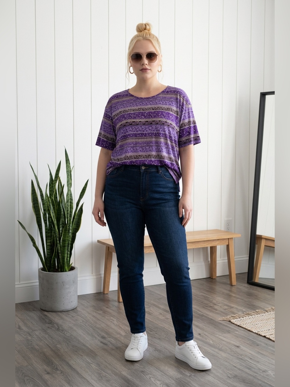 Woman Within 22/24 1X Bateau Neck Short Sleeve Cotton Print Shirt